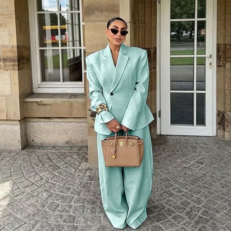Chic White Wide-leg Pant Single Breasted Women Pants Set New Female Two Pieces(Blazer+Trousers) Conjuntos Femininos Elegantes