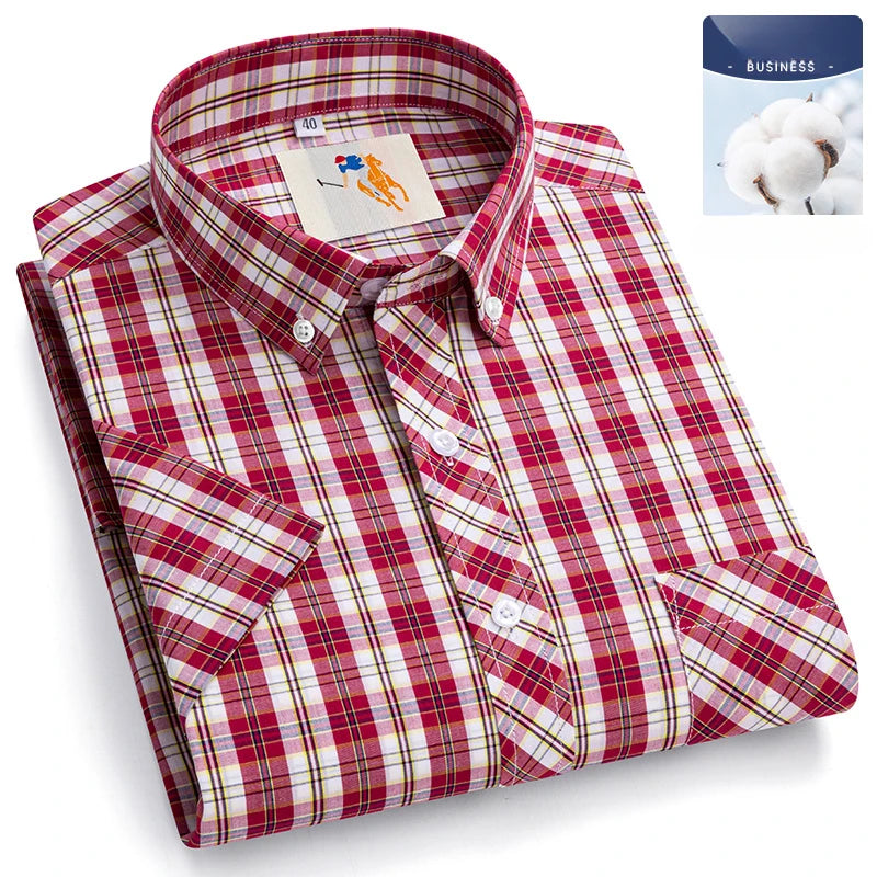 Fashion Korean Plus Size 8XL 100%Cotton Short Sleeve Shirts for Men Slim Fit Formal Plain Shirt Plaid Hawaiian Shirt Casual Top