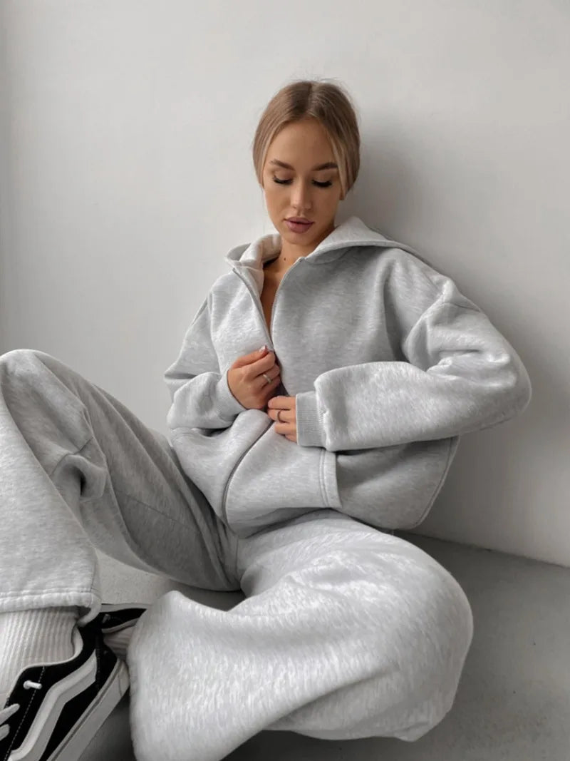 Women's Casual Suit Solid Color Long Sleeve Hooded Cardigan Pocket Sweater Elastic Pants Two-piece Set