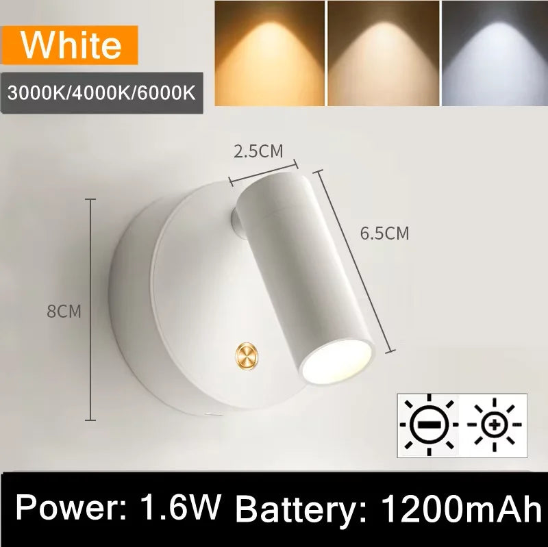USB Rechargeable with Touch Switch Black Dimmable LED bedroom Wall Light White Magnet Magnetic base for Bedside Study Reading