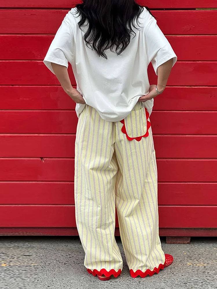 Colorful Striped Wide Leg Trousers Women Bohemian High Waist Multi-color Panelled Slim Straight Pants Fashion Lady Beachwear New
