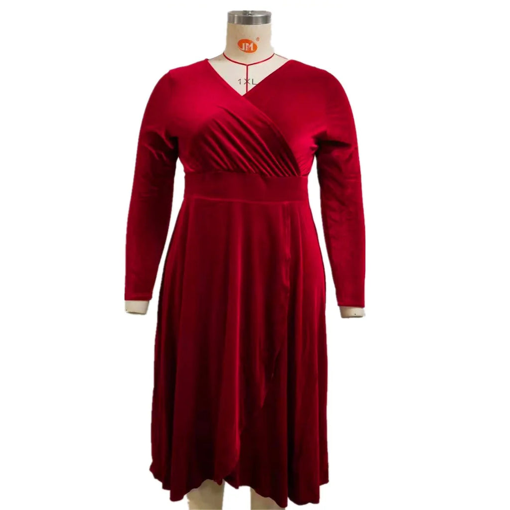 Plus Size New Arrival Fashional Long Sleeve V Neck Velvet Maxi Midi Dresses For Big Size Elegant Women