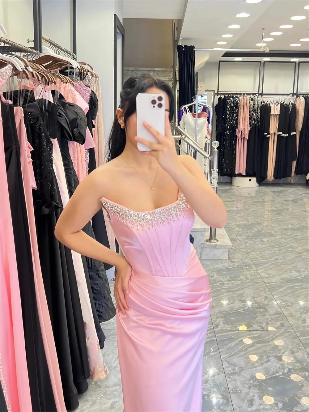 Pink Beaded Formal Long Bespoke Occasion Gown Evening Dresses Prom Pastrol Unisex Jersey Retro Dubai Saudi Arabic Customized