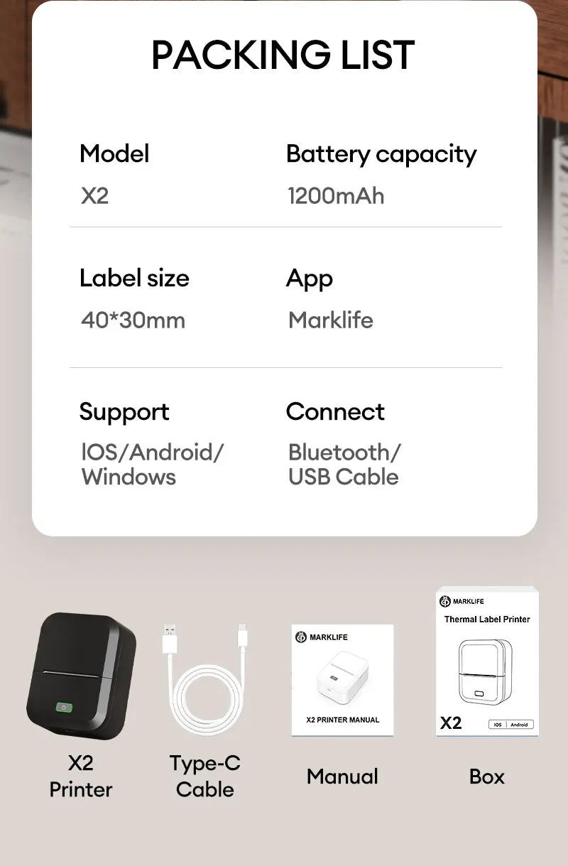 Marklife X2 Portable Thermal Printer Mini Pocket Printer Mobile Wireless Adhesive Sticker Labeling Machine Similar as B1 B21