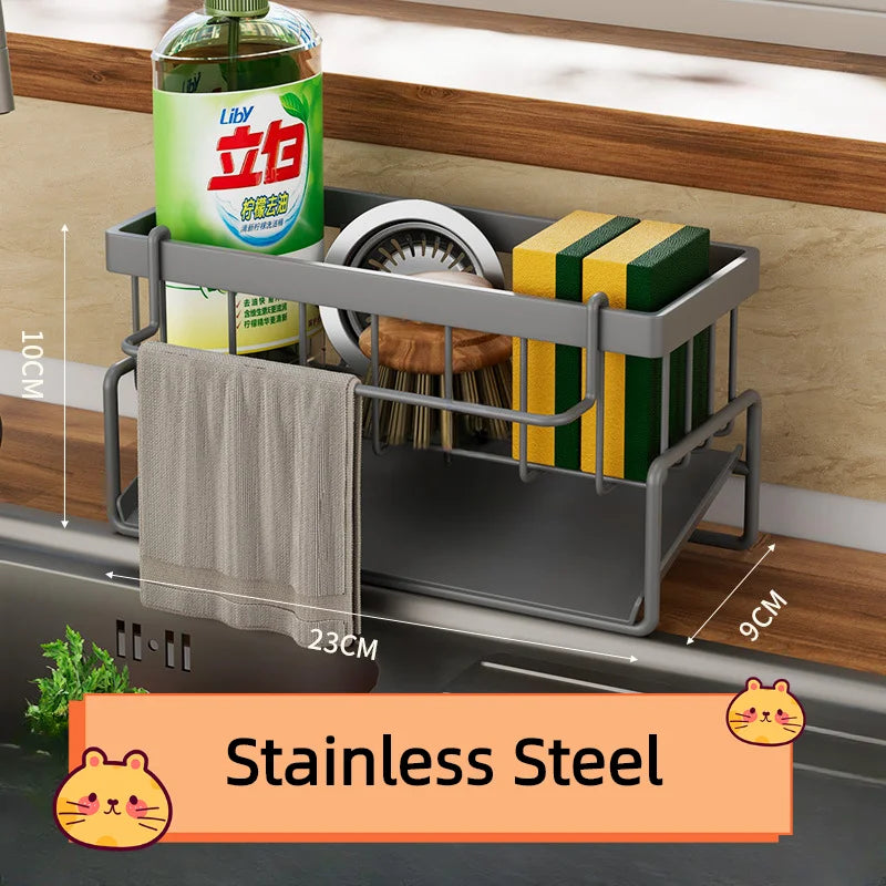 Kitchen Sink Drain Rack Organizer Stainless Steel Self Draining Sink Shelf Soap Sponge Holder Dishcloth Towel Rack Filter Basket