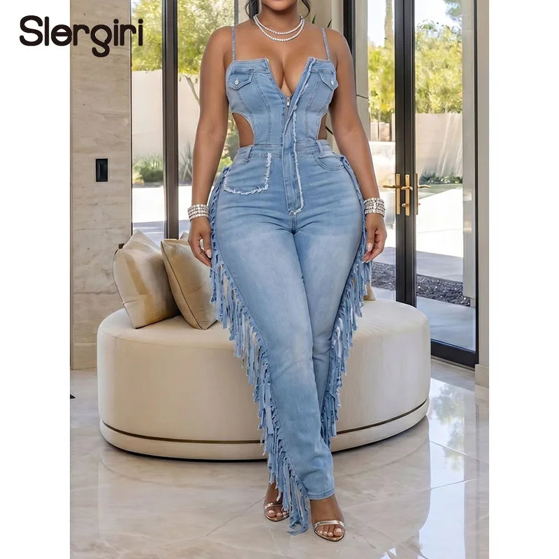 Slergiri Sexy Backless Spaghetti Strap Fringe Denim Jumpsuit Women Fashion New 2026 Summer Zipper Front Ripped Jeans Jumpsuit