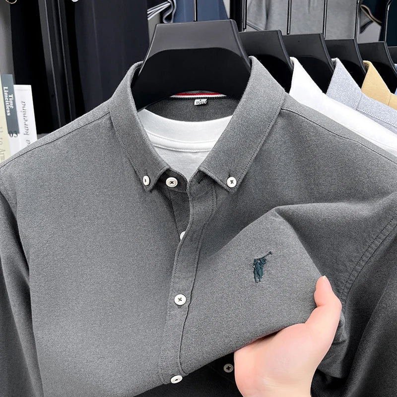 High End 100% Pure Cotton Long Sleeved Men's 2026 Spring Fashion Solid Color Business Casual Small Horse Logo Shirt