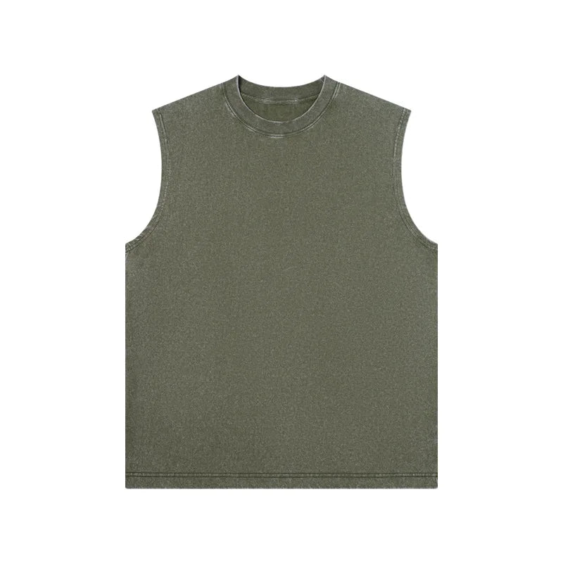 230g Pure Cotton European and American High Street Retro Washed Distressed Sleeveless Vest Men's Casual Loose Shoulder T-shirt