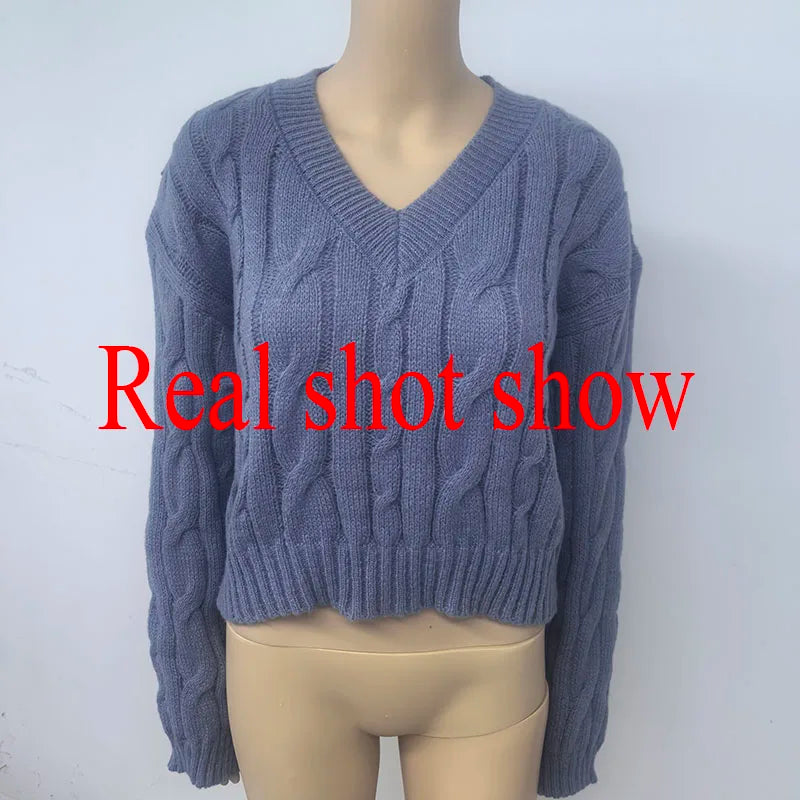 Vintage Twist Cropped Sweater Pullover Women Autumn Winter Loose V-Neck Knitted Jumper Lazy Style Classic Long Sleeve Knitwear