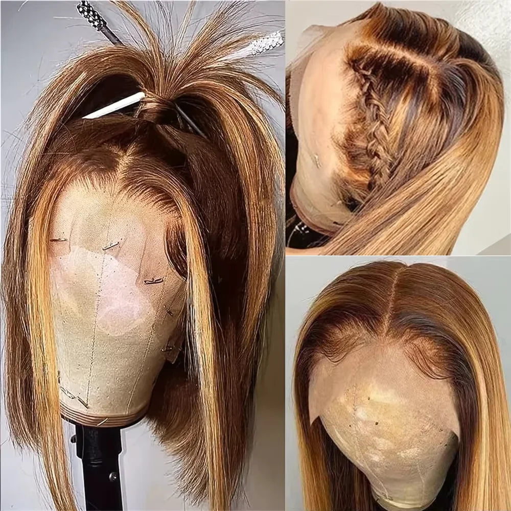 200% Density Short Bob Wigs Highlight Straight Lace Front Wigs Blonde 13x4 Transparent Lace Front Wig 100% Human Hair 427#16Inch