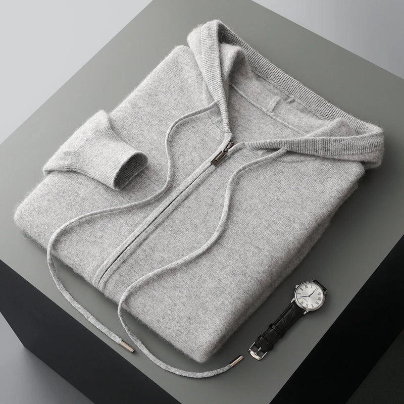 Hot Selling New Style Real Knitted Men's Cardigan Hooded Sweater Loose Full Sleeves Autumn and Winter Men's Pure Wool Sweater