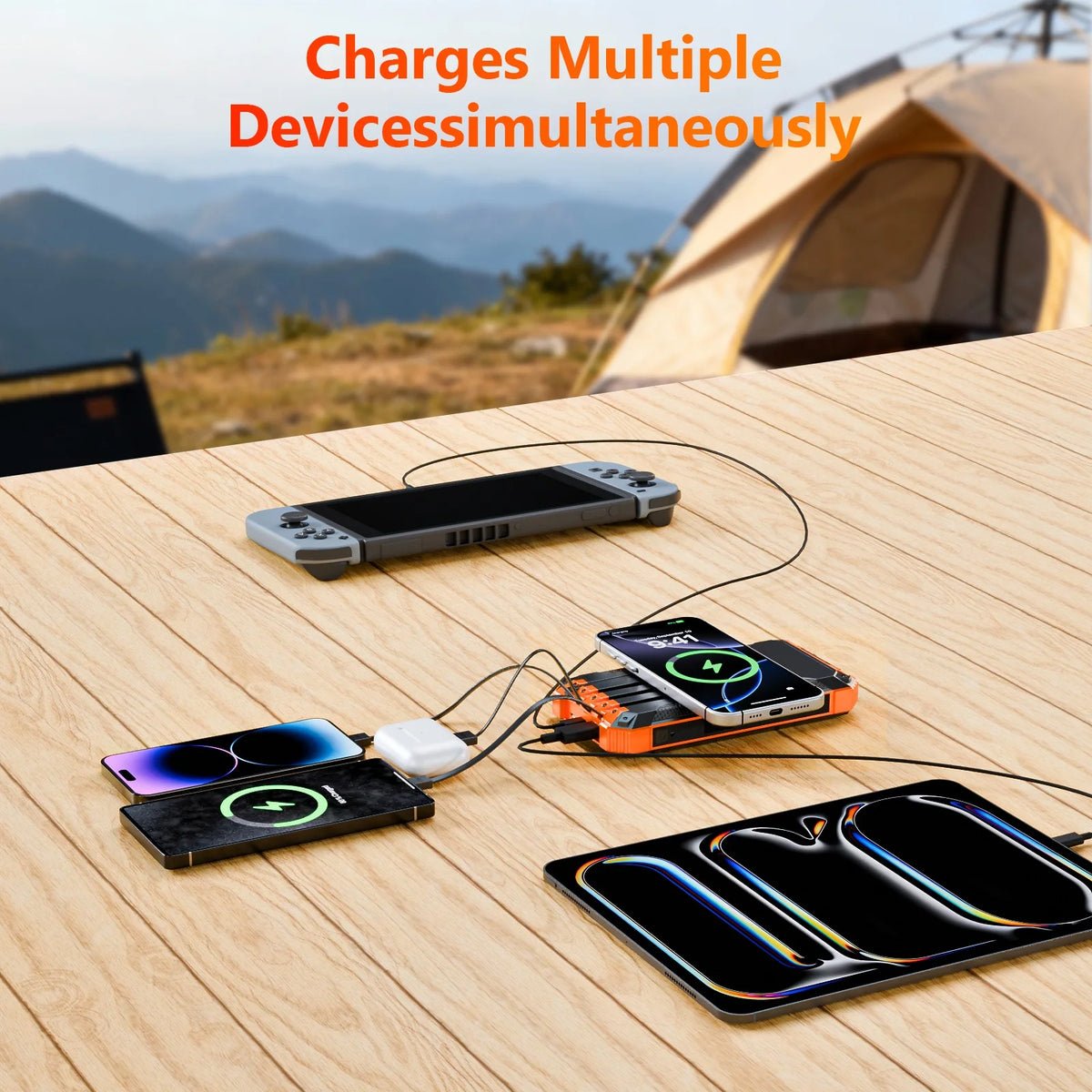 20000mAh Portable Solar Power Bank Dual LED Lights 4 Built-in Cables Fast Charging for iPhone Android Phones AirPods