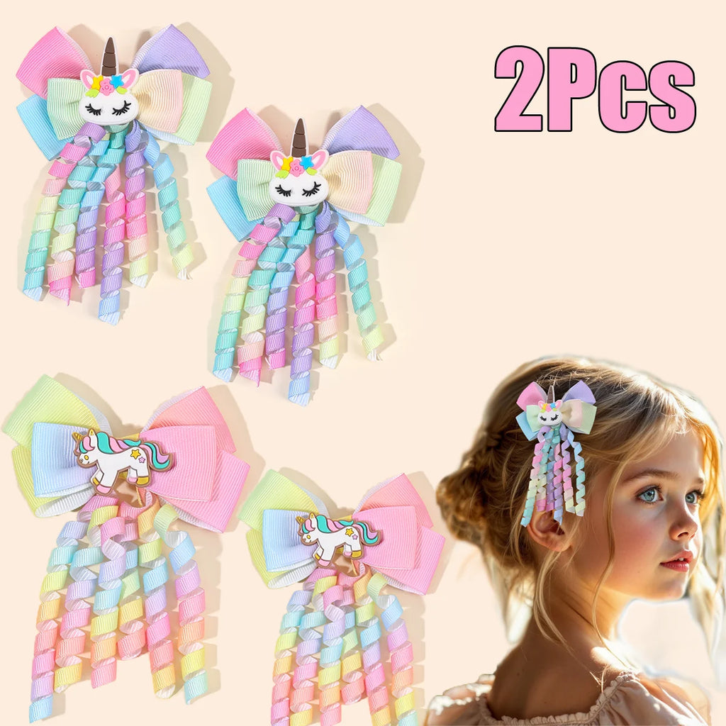 2Pcs Rainbow Unicorn Hair Clip Cute Curly Ribbon Tassel Magical Bow Hairpin For Kids Girls Party Daily Use Headwear Accessories