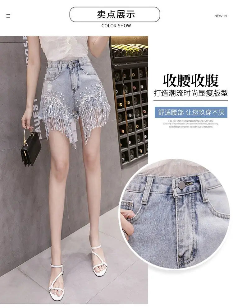 2026 Summer New Personalized Denim Shorts Women's High Waist Diamond Inlaid Heavy Industry sequins Tassel Denim Hot Pants Trendy