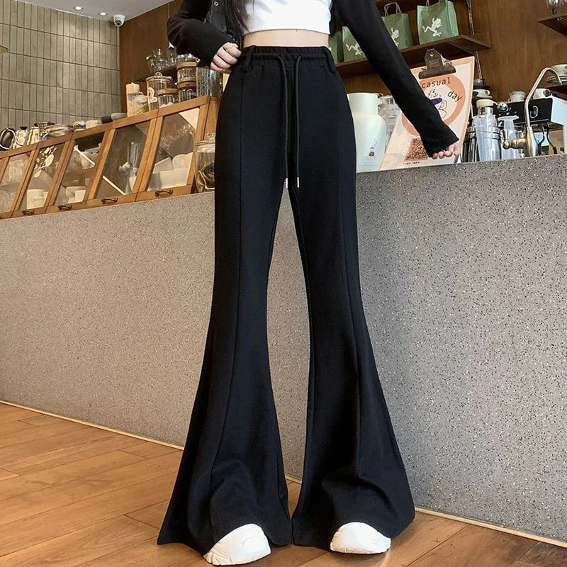 Girls Designer High Waist Flared Pants Lady Korean Slim Fit Casual Trousers Women Chic Drawstring Straight Leg Pants