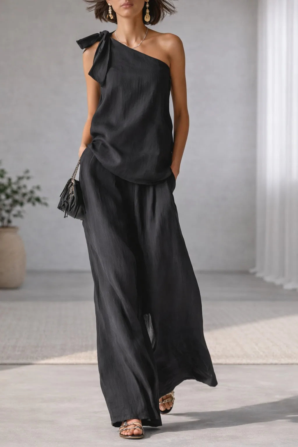 Shoulder Bared Sleeveless Top with Tie Detail And Wide Leg Pants Spring Summer New Style Comfortable Casual Business Commuting
