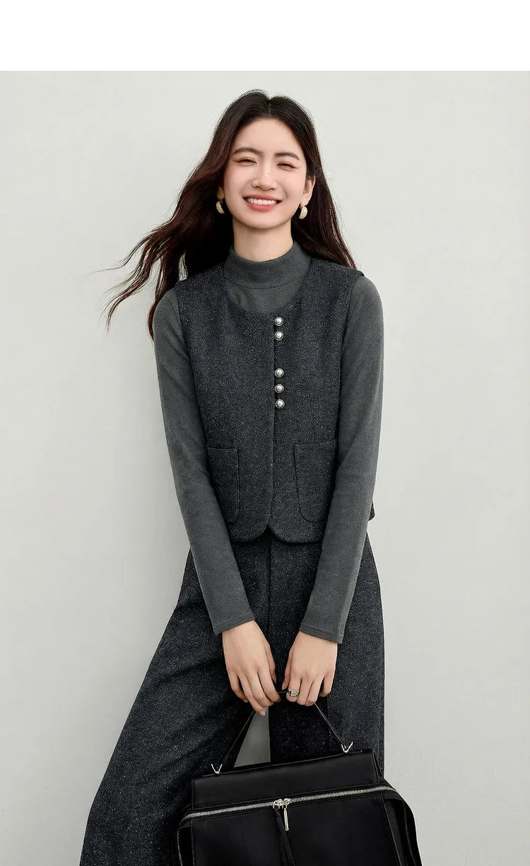 SENTUBILA Women's 2 Piece Pants Set 2026 New O Neck Waistcoat Straight Pant Winter Office Lady Wool Blend Female Suit 154ZA6093