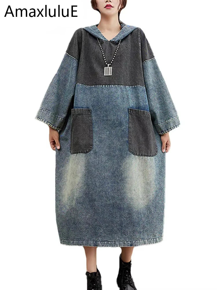 Amax luluE Autumn Womens Loose Vintage Hooded Design Denim Dresses European Style Casual Patchwork Long Vestidos Pockets Dress