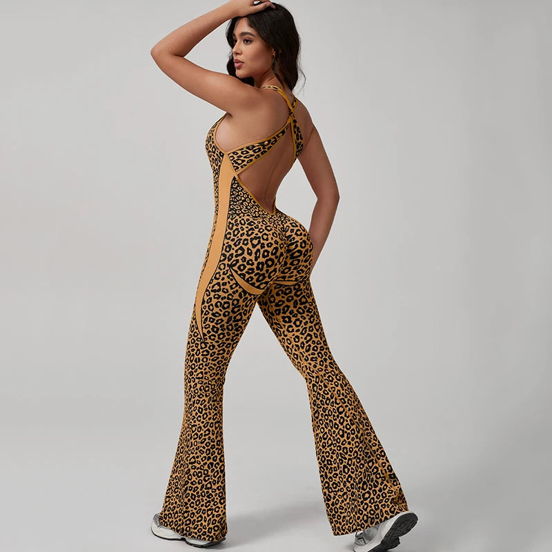 Sexy Backless Leopard Print Jumpsuit Women Slim Hip Lifting Sports Yoga Wear Flared Pants Sports Woman One-Piece Tracksuits Lady