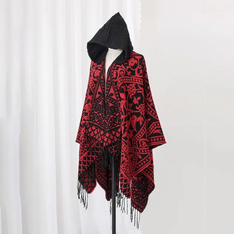 2025 New Men's Imitation Wool Cape Shawl Cross-border Hot Selling Hooded Woven Slit Cape Autumn and Winter Poncho Cloak P8
