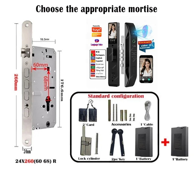 Tuya Wifi App Face Polyglot Electronic Door Lock Fingerprint Recognition Password Smart Digital Lock Key Card 6068 Mortise Lock