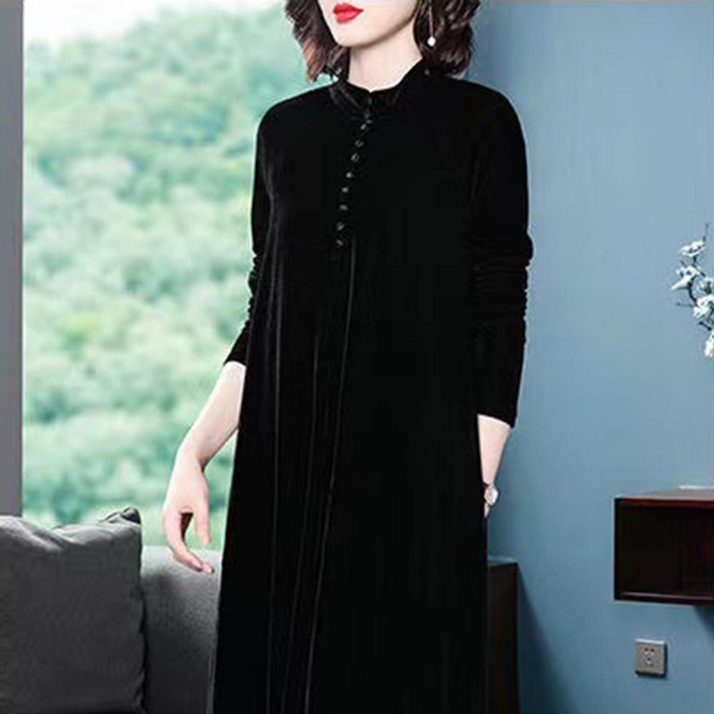 Women Fall Dress Solid Color Loose Long Sleeves Button Maxi Dress Keep Warm Velvet Mom Spring Dress Women Clothes