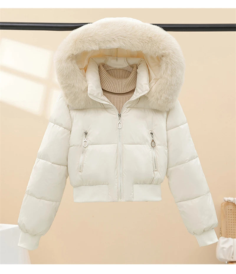Short Cotton Jackets Long Sleeve Loose Hooded Short Women's Parka Coats Big Fur Collar Winter Down Cotton Padded Coats 2025 New