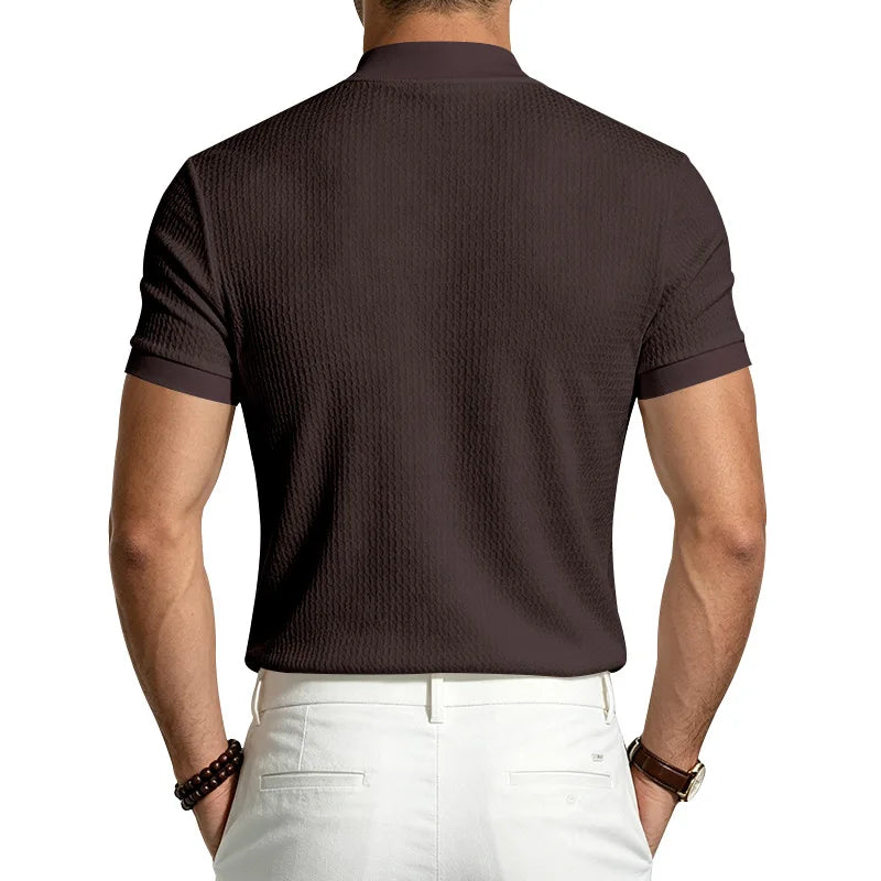 Men Summer Solid Jacquard Textured Mock Neck Short Sleeve T Shirt Slim Fit Simple Versatile Casual Daily Male Basic Tees
