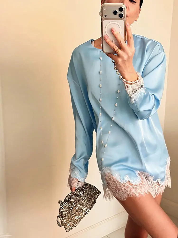 Elegant Lace Loose Dress Women Solid O-neck Full Sleeve Patchwork Dresses Female 2026 Summer White Robe Lady