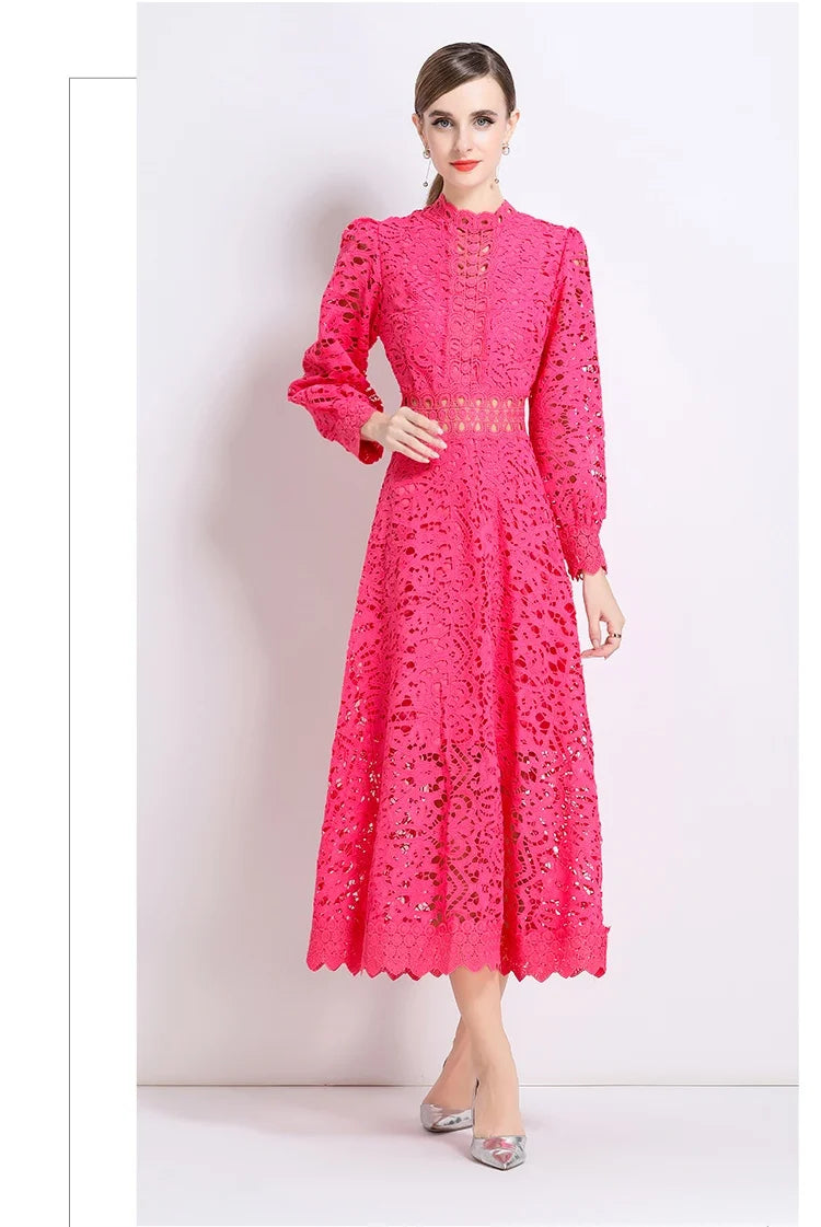 Solid Lace Holloe Out Slimming Elegant Dresses For Women Stand Collar Long Sleeve High Waist Minimalist Dress Female Fashion