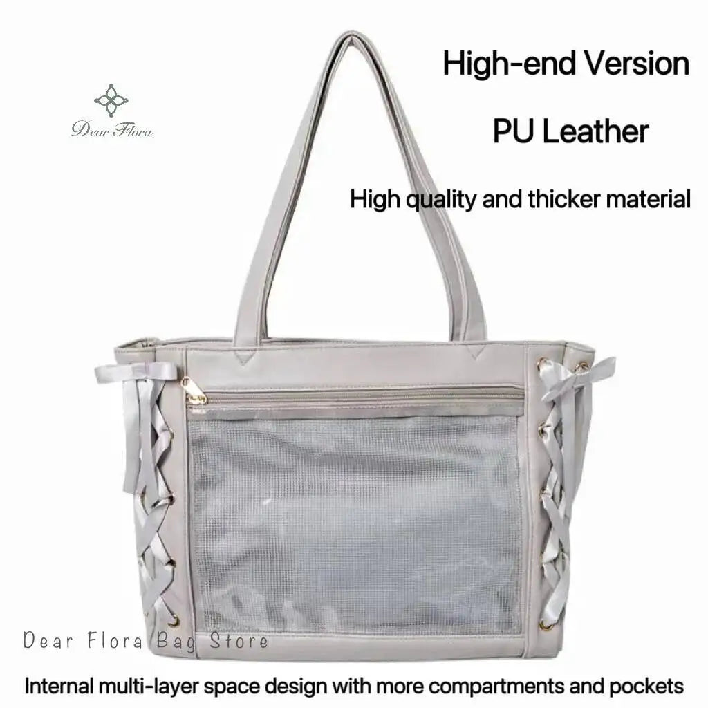 Japanese Sweet Women Ribbon Ita Bag Fashion Large Capacity Tote Bag Aesthetic Shoulder Bag Cute Lolita Girl Transparent Handbags