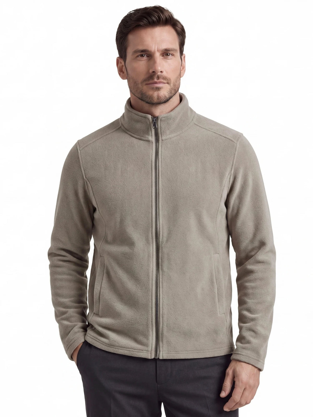 AIOPESON Men's Fleece Jacket Full Zip Stand Collar Solid Color Polar Fleece Outerwear Autumn Winter Outdoor Casual Light Coat