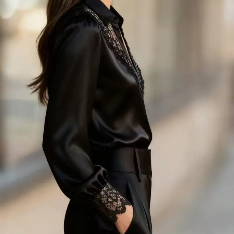 New Lace Patchwork Shirt For Women Fashion Long Sleeve V Neck Button Shirts Tops Lady Chic Office High Street Women's Clothing