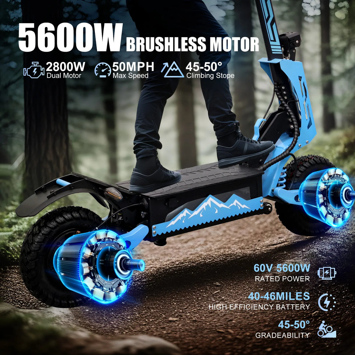 Dual Motor Off Road Electric Scooter for Adults 5600W 50MPH 43Miles Escooter