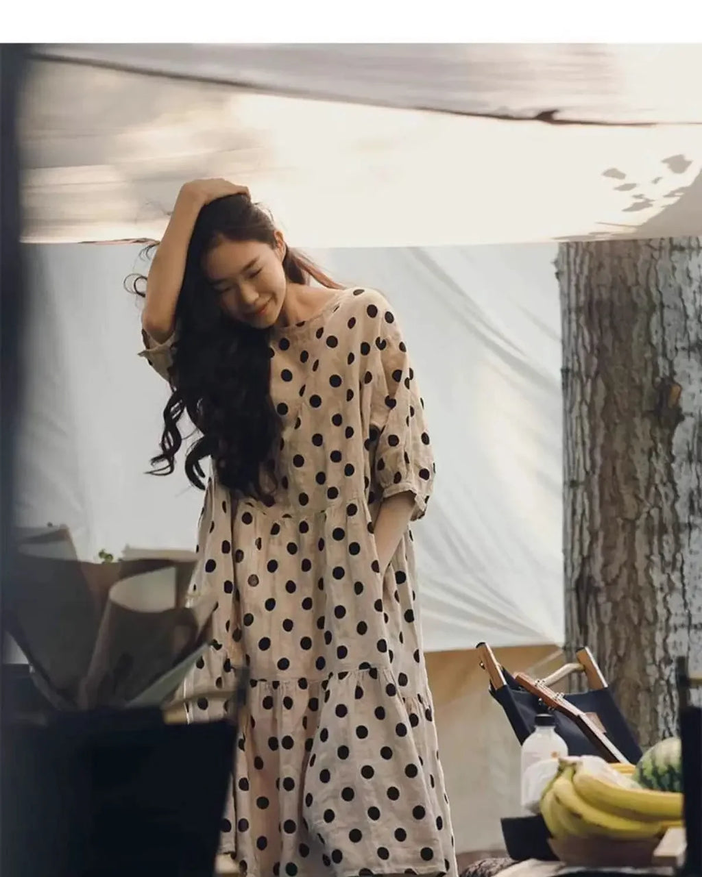 Fashion Retro Cotton and Linen Polka Dot Dress for Women Loose Slim Puff Sleeve Linen Doll Skirt