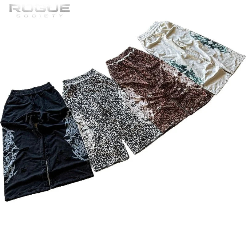 Summer Y2K Streetwear Leopard Print Wide Leg Pants Men Gothic Tribal Pattern Waist Casual High Stree Harajuku Hip Hop Trousers
