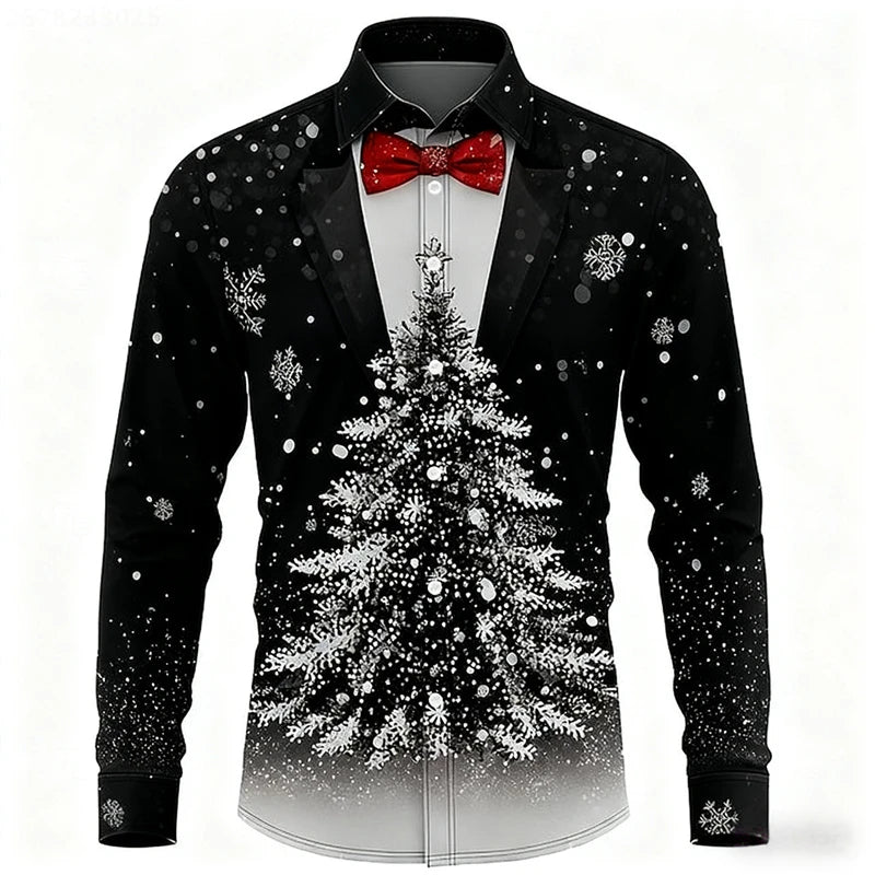 Red Christmas Shirts For Man Snowflake Bow Tie Christmas Shirt Long Sleeve Fashion Holiday Gift Shirt Oversized Mens Clothing