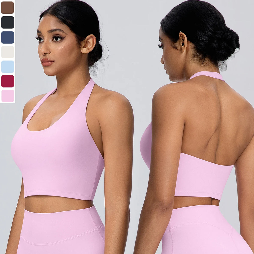 Woman Solid Color Sexy Neck Strap Bra Yoga Underwear With Chest Pad Backless Gather Shockproof Gym Workout Top Sports Yoga Bra