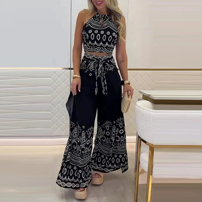 Elegant Halter Sleeveless Blouse & Lace-up Pant Set Casual Lace-up Party 2Pc Outfit Women Fashion Pattern Print Bohemian Outfits