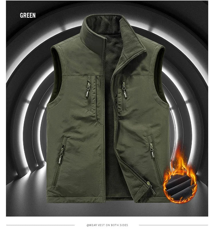 2025 Autumn Winter Thickened Fleece Double-Sided Vest Men's Jacket Warm Outerwear Slim Fit Casual Style Daily