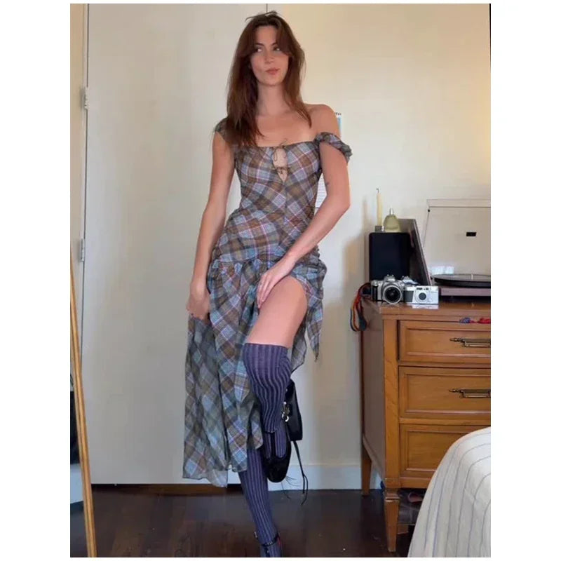 Plaid Off Shoulder Long Dress Women Chic Tie Front Cutout Ruched Asymmetric Hem Sundress 2026 Summer Lady Casual Daily Vestidos