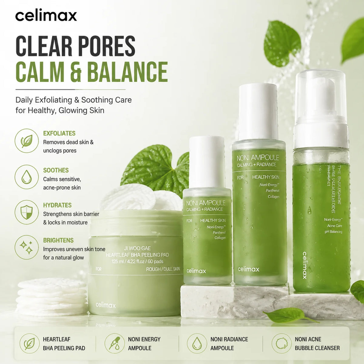 Celimax Skincare Set, Heartleaf BHA Peeling Pads, Real Noni Energy Ampoule & Acne Bubble Cleanser for Moisturizing Exfoliating