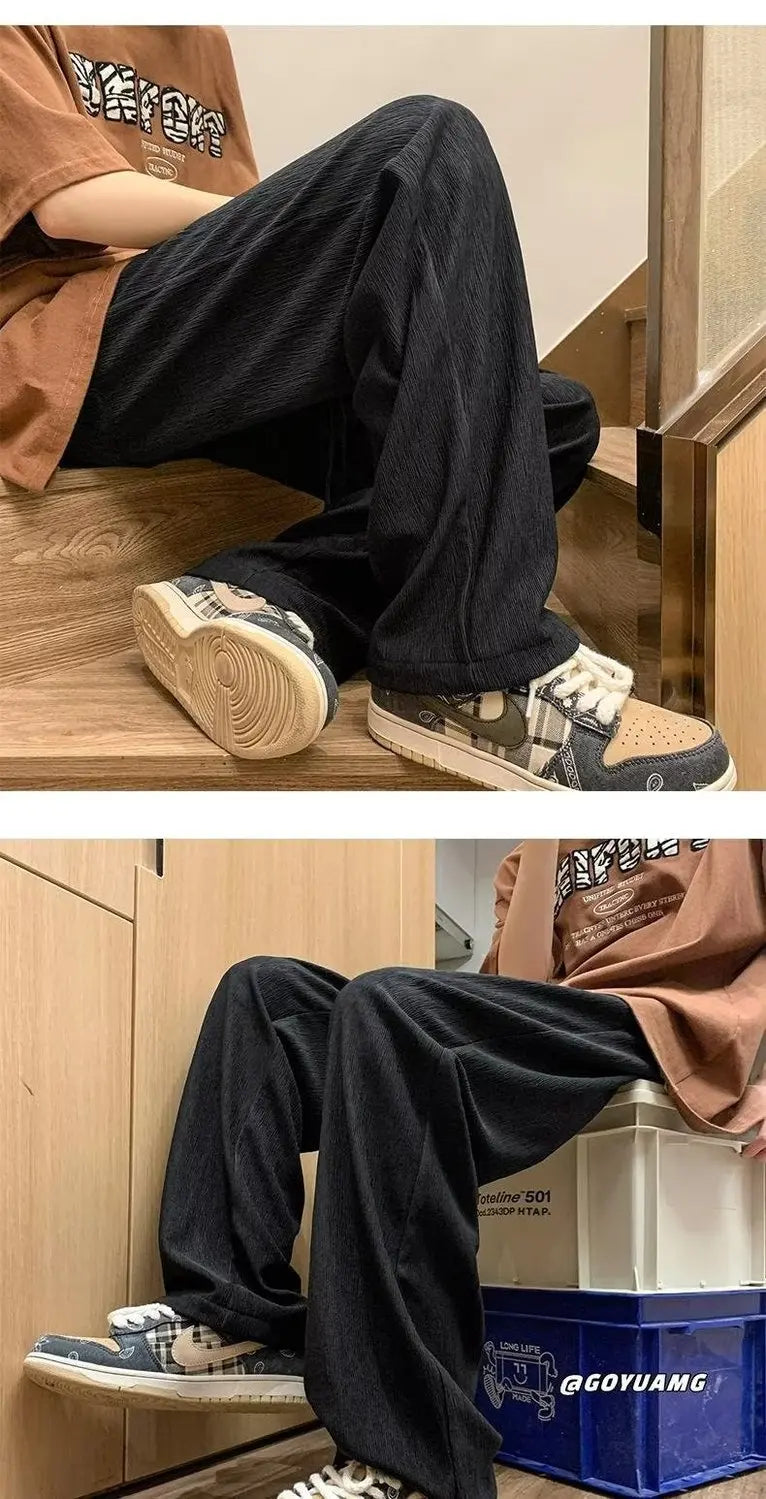 Summer Korean Fashion Simple Ice Silk Wide Leg Pants Men Solid Elastic Waist Pockets Thin High Street Loose Straight Trousers