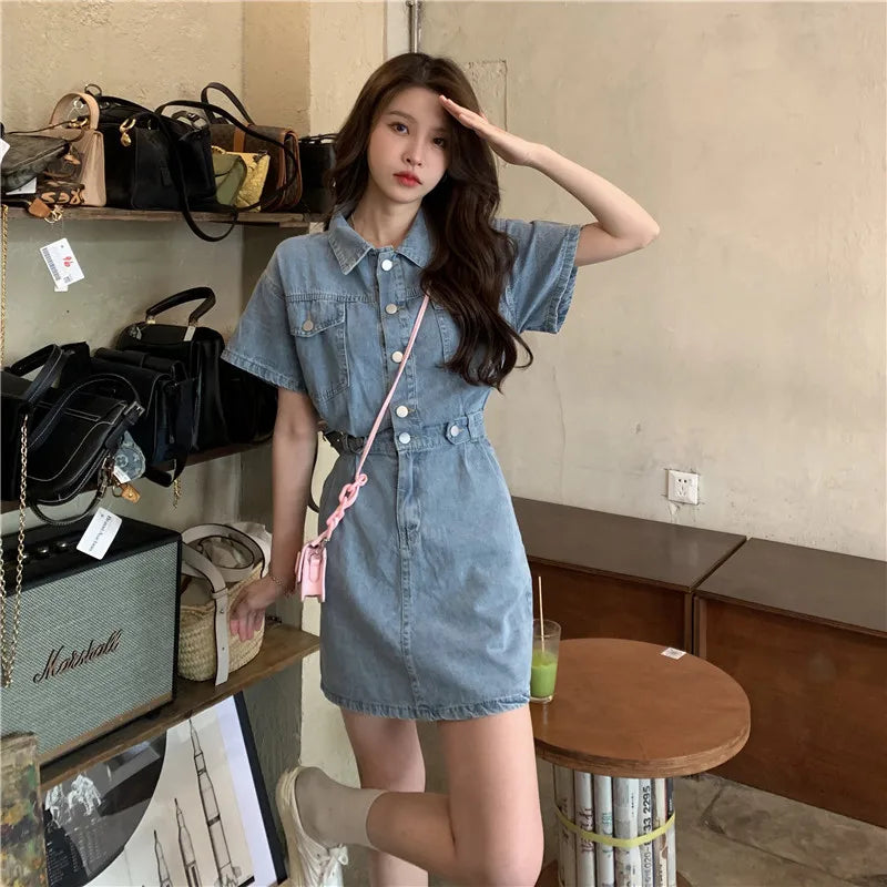 Women Vintage Denim Shirt Dress High Waist A-line Jean Mini Dress for Ladies Retro Y2K Streetwear Dresses for Women Party Outfit