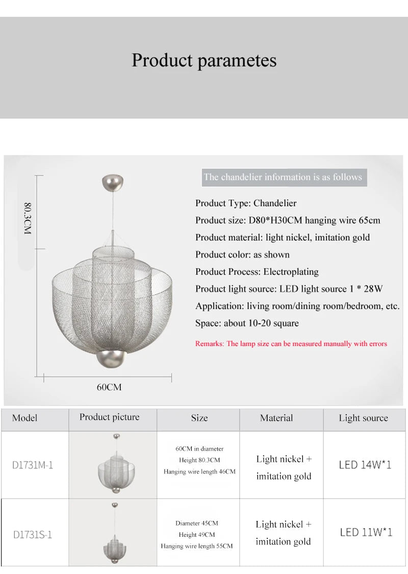Modern Ceiling Chandeliers Dimmable LED Pendant Light Modern Design Metal Grid Meshmatics Dining Hanging Lamp Suspension Fixture