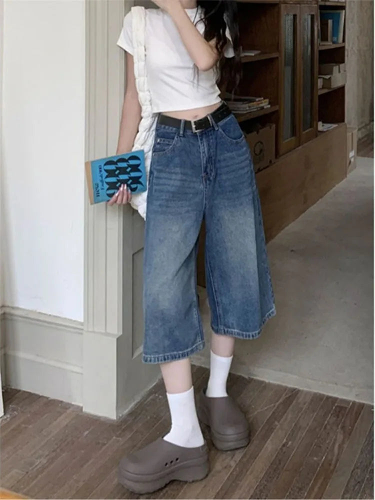 Women's Retro Casual Jeans  Summer New Wide-Leg Pants  High-Waisted Plus-Size Pear-Shaped Body-Camouflaging Straight Leg Pants