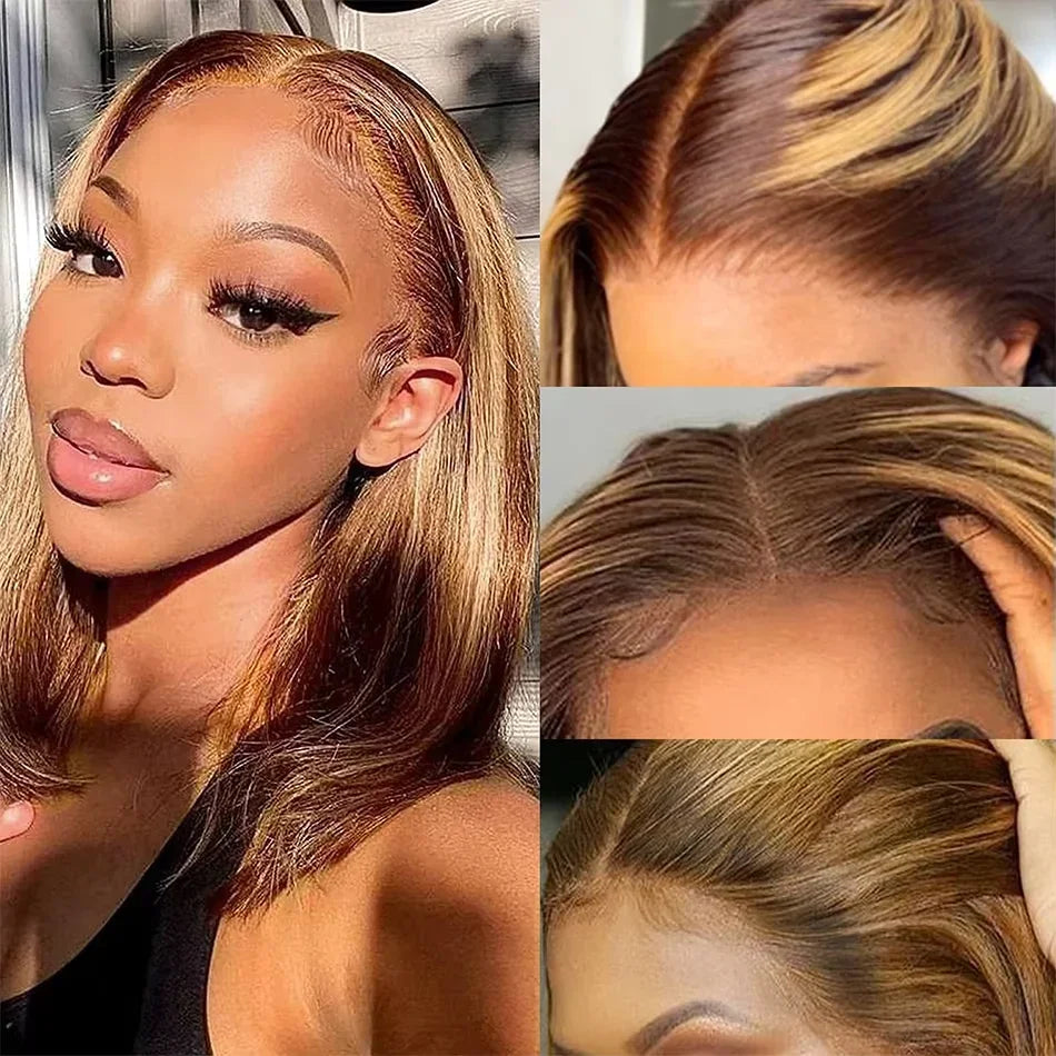 200% Density Short Bob Wigs Highlight Straight Lace Front Wigs Blonde 13x4 Transparent Lace Front Wig 100% Human Hair 427#16Inch
