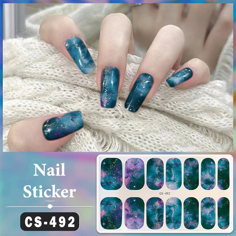 No Baking Lamp Waterproof Nail Wraps Full Cover Nail Stickers Firm And Not Easy To Fall Off 14 Nails/Set Multi Color Nail Patch