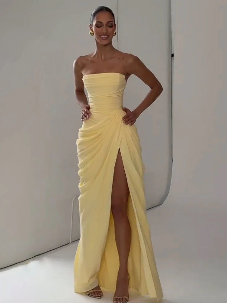Elegant Solid Strapless Pleated Dress Women Chic Sleeveless Waist Cinching Split Maxi Vestidos 2026 Lady Evening Party Dresses