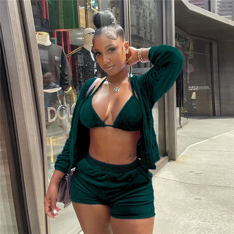 Velvet Tracksuit 3 Piece Set Women Fall Outfits Zipper Hoodies Jacket + Bra + Shorts Sets Sporty Matching Sets Jogging Femme